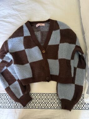 Checkerboard Cropped Cardigan Sweater - Brown & Light Blue